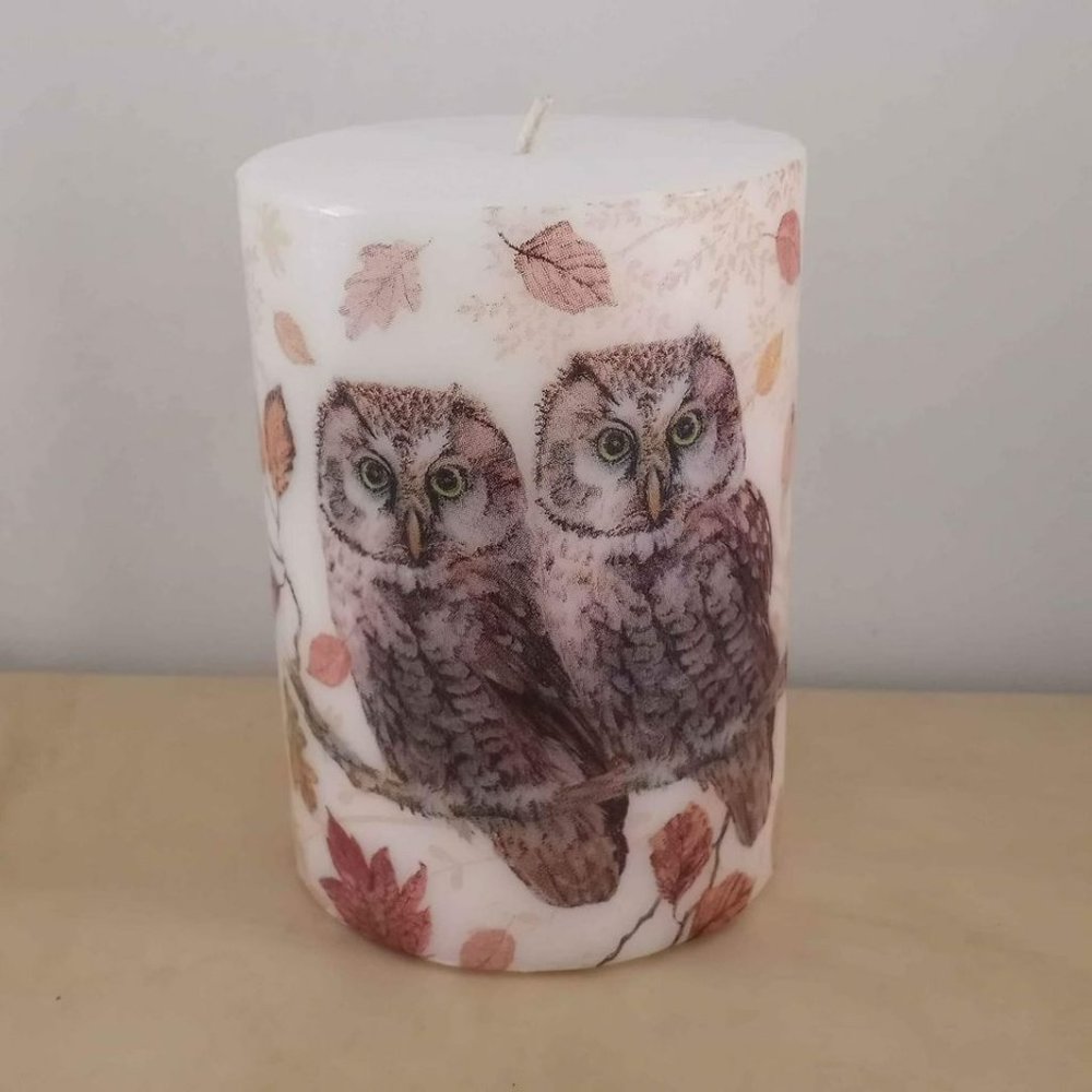 NEW- Short Pillar Candle Fall Decor Owls Decoupage 3"x4"